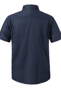 Kurzärmeliges, navyblaues Hemd aus glattem Stoff mit Button-Down-Kragen, das ein klares Rücken-Design und abgerundeten Saum aufweist.