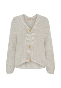 Beige stickad cardigan med V-ringning, ribbade kanter och fyra runda träknappar fram. Mjuk, texturerad tyg; kort design.