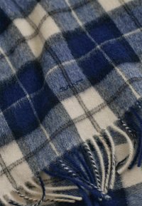 Foulard en laine à carreaux bleu, blanc et gris avec des extrémités à franges, montrant une texture douce et un subtil texte brodé.