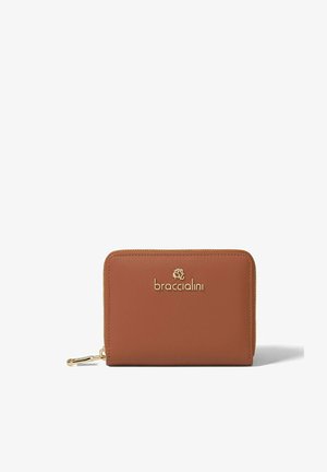 Brown leather wallet with a smooth texture, featuring a gold logo on the front, zip closure, and a compact rectangular shape.