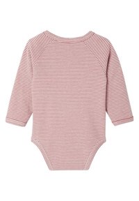 Langärmliger Baby-Body in pink-weiß gestreift. Weiches Baumwollmaterial mit Raglanärmeln und Druckknöpfen am Boden.