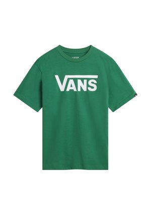 Grøn t-shirt med korte ærmer og rund halsudskæring med stort hvidt Vans-logo på brystet.