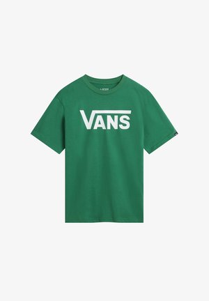 Grøn t-shirt med korte ærmer og rund halsudskæring med stort hvidt Vans-logo på brystet.