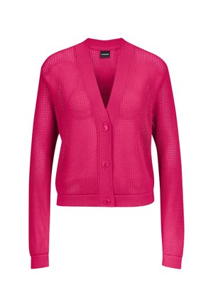 Short pink knit cardigan with a v-neck, button front, and ribbed cuffs. Features an open weave pattern and two front pockets.
