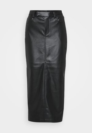 Svart skinn midi skjørt med tettsittende liv, rett silhuett, front sømdetaljer og to sideslommer. Glatt tekstur, minimalistisk design.