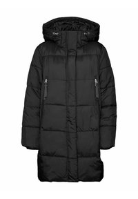 Svart vadderad parkacoat med huva, utrustad med dragkedja, två sidofickor med dragkedja och quiltad textur. Lång, rak passform.