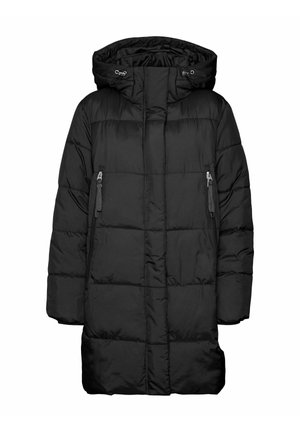 Schwarze gepolsterte Parka-Jacke mit Kapuze, ausgestattet mit einem Reißverschluss, zwei seitlichen Reißverschlusstaschen und gestepptem Muster. Langes, gerades Design.