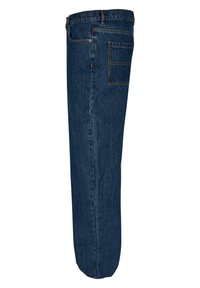 Jeans in denim blu scuro con design a gamba dritta, configurazione a cinque tasche e cuciture a contrasto su tasche e cuciture.