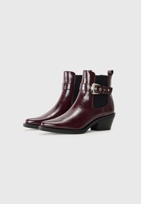 Stivaletti in pelle bordeaux con punta appuntita, pannelli elastici laterali e una fibbia metallica sull'ankle, con tacco a blocco basso.