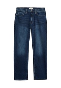 Jeans in denim blu scuro con un design a gamba dritta, cinque tasche e dettagli di cucitura visibili. Presentano una chiusura con bottone e cerniera.