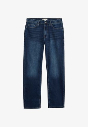 Jeans de mezclilla de color azul oscuro con un diseño de pierna recta, cinco bolsillos y detalles de costura visibles. Cuentan con un cierre de botón y cremallera.
