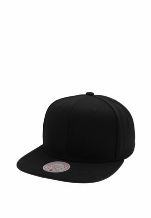 Black flat-brimmed snapback cap with a round silver sticker on the brim showing brand details.