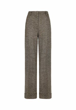 Brune uld bukser med fiskebenmønster, vidde ben, opbukket kant og detaljer med knapper ved taljebåndet.