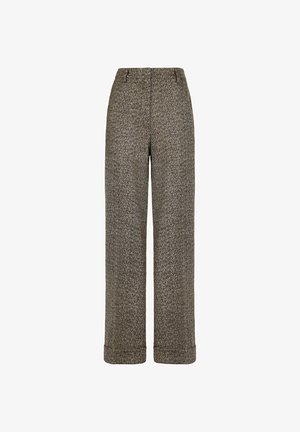 Brązowe spodnie z wełny w jodełkę o szerokich nogawkach, z mankietami u dołu oraz detalami w postaci guzików na pasku w talii.