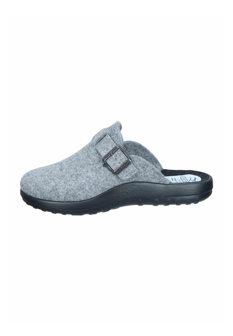 Grau gefilzte Clogs mit verstellbarem Schnallenverschluss, schwarzer Gummisohle und strukturiertem Fußbett für Komfort. Seiten-ausschneidendes Design für einfaches Anziehen.