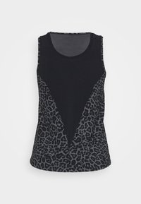 Czarny bezrękawnik z szarym wzorem w panterkę po bokach, o gładkiej fakturze i okrągłym dekolcie.