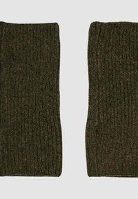 Scaldamuscoli a coste in verde oliva scuro, realizzati in morbido tessuto misto lana. Presentano una consistenza uniforme e un design flessibile.