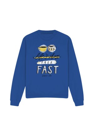 Blue long-sleeve sweatshirt with two coffee cups above text: "life’s short" crossed out, "TALK FAST" in bold letters below.
