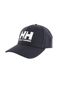 Gorra de béisbol azul marino hecha de algodón con visera curvada. Presenta un gran logotipo blanco "HH" y el texto "HELLY HANSEN" en la parte frontal.