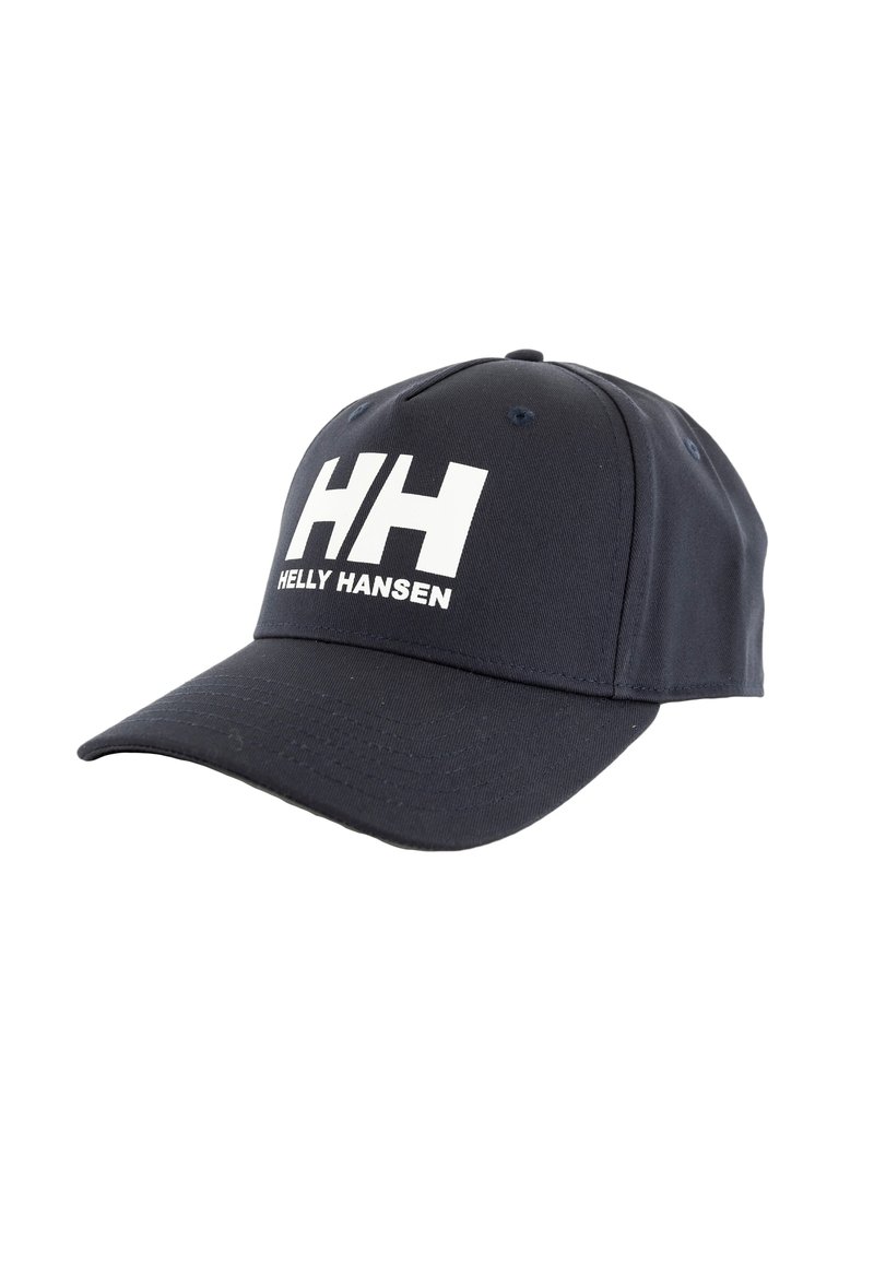 Gorra de béisbol azul marino hecha de algodón con visera curvada. Presenta un gran logotipo blanco "HH" y el texto "HELLY HANSEN" en la parte frontal.
