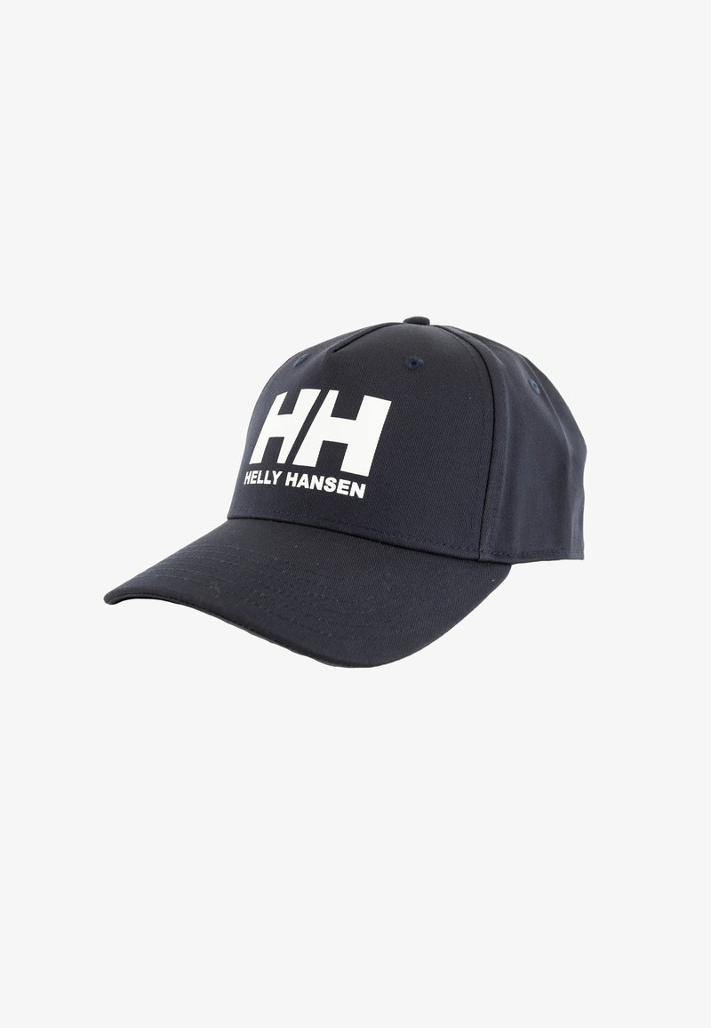 Gorra de béisbol azul marino hecha de algodón con visera curvada. Presenta un gran logotipo blanco "HH" y el texto "HELLY HANSEN" en la parte frontal.