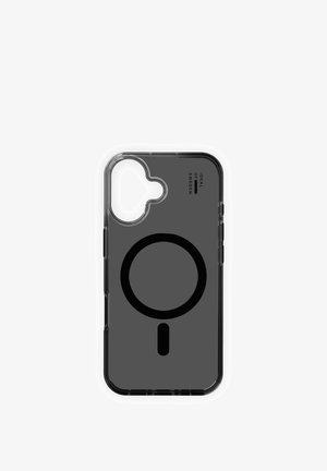 Gennemsigtigt plastik telefoncover med sort cirkeldesign på grå baggrund, med udskæringer til kamera og knapper. Tekst trykt på siden.