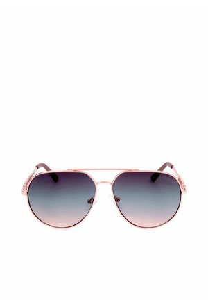 Occhiali da sole stile aviator con montatura in metallo color oro rosa e lenti sfumate da scuro a chiaro, mostrati frontalmente su sfondo bianco.