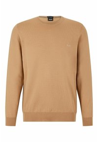 Maglione girocollo marrone realizzato in tessuto liscio. Presenta polsini e fondo a coste con un piccolo logo ricamato sul petto.