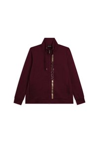 Giacca a zip color bordeaux con colletto alto, striscia verticale metallica e logo "FREDDY" sul davanti, maniche lunghe e dettaglio con cordoncino.