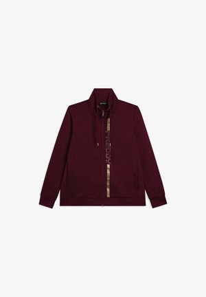 Giacca a zip color bordeaux con colletto alto, striscia verticale metallica e logo "FREDDY" sul davanti, maniche lunghe e dettaglio con cordoncino.