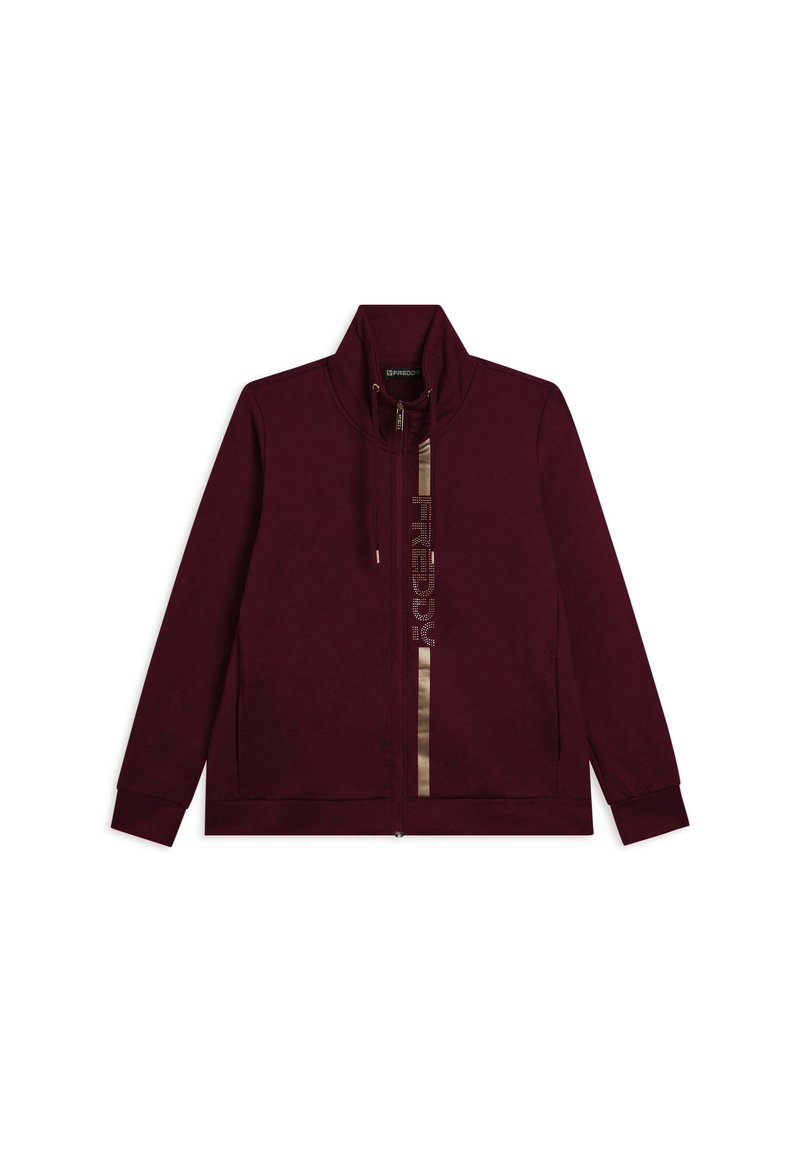 Giacca a zip color bordeaux con colletto alto, striscia verticale metallica e logo "FREDDY" sul davanti, maniche lunghe e dettaglio con cordoncino.