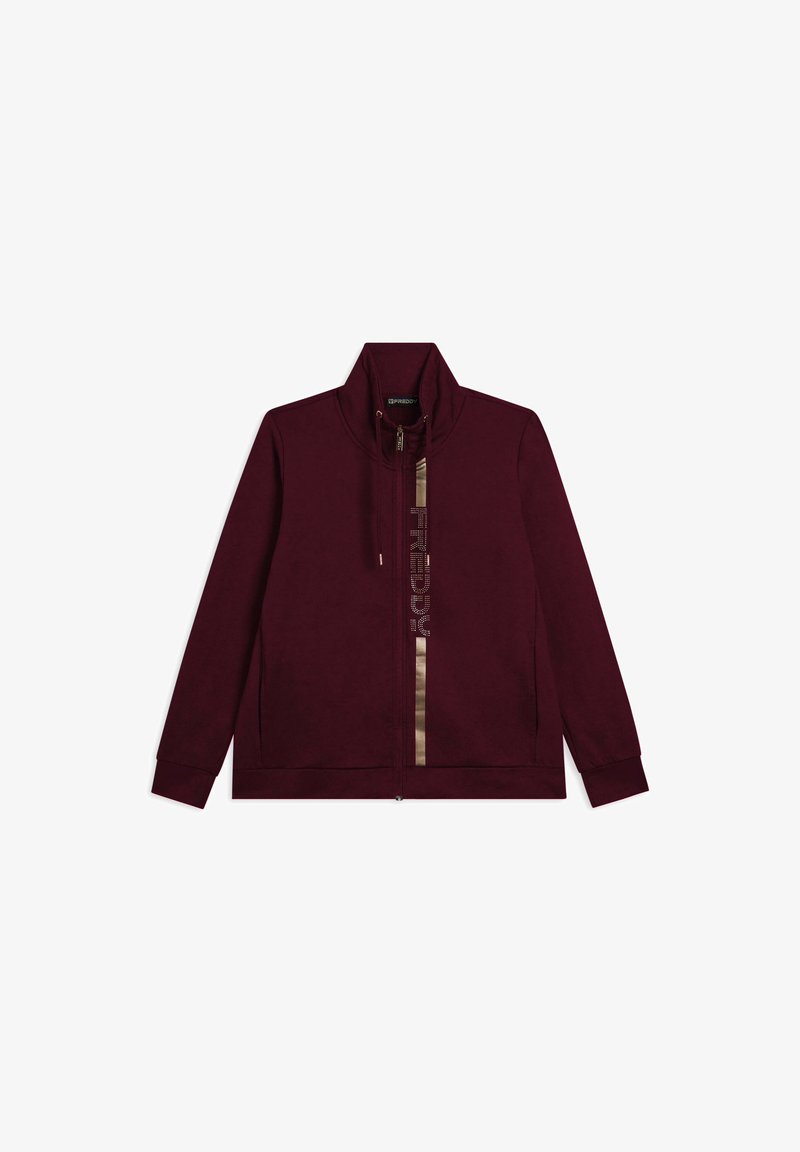 Chaqueta de cremallera en color burdeos con cuello alto, raya vertical metálica y logotipo "FREDDY" en el frente, mangas largas y detalles de cordón.