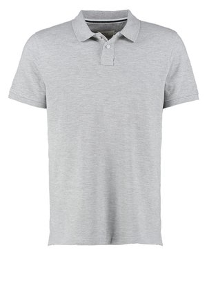 Polo grigio con maniche corte, realizzato in tessuto morbido, con una chiusura a due bottoni e un sottile design del colletto a coste.