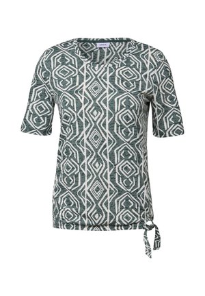 Kurzärmliges Oberteil mit einem geometrischen Muster in Türkis und Weiß, aus weichem Stoff, mit einem Bindedetail am Saum.