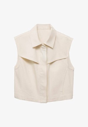Cream-colored cropped vest with a pointed collar, sleeveless design, and front button closure. Made from smooth fabric with subtle texture.