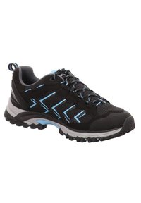 Scarpa da trail nera con accenti blu, materiale in rete, chiusura con lacci, suola testurizzata e design strutturato per attività all'aperto.