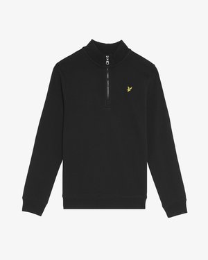 Schwarzer Langarm-Pullover mit einem Viertel-Reißverschluss am Kragen und einem kleinen gelben, gestickten Vogel-Logo auf der linken Brust.