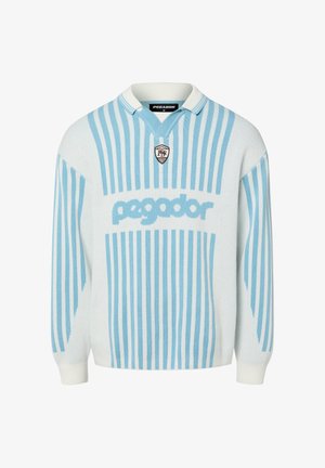 Light blue and white striped knit sweater with a polo collar, featuring the "pegador" logo and a small badge on the chest. Subtle textured fabric.