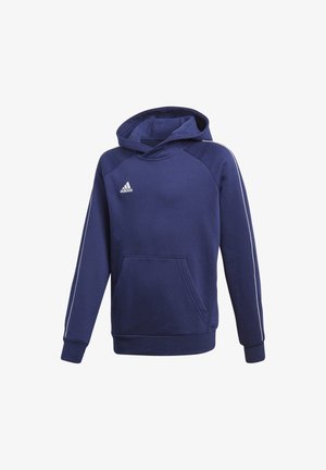 Granatowa bluza z kapturem z białymi paskami po bokach, przednią kieszenią i ściągaczami na mankietach. Na piersi znajduje się logo Adidas. Wykonana z bawełnianej mieszanki.
