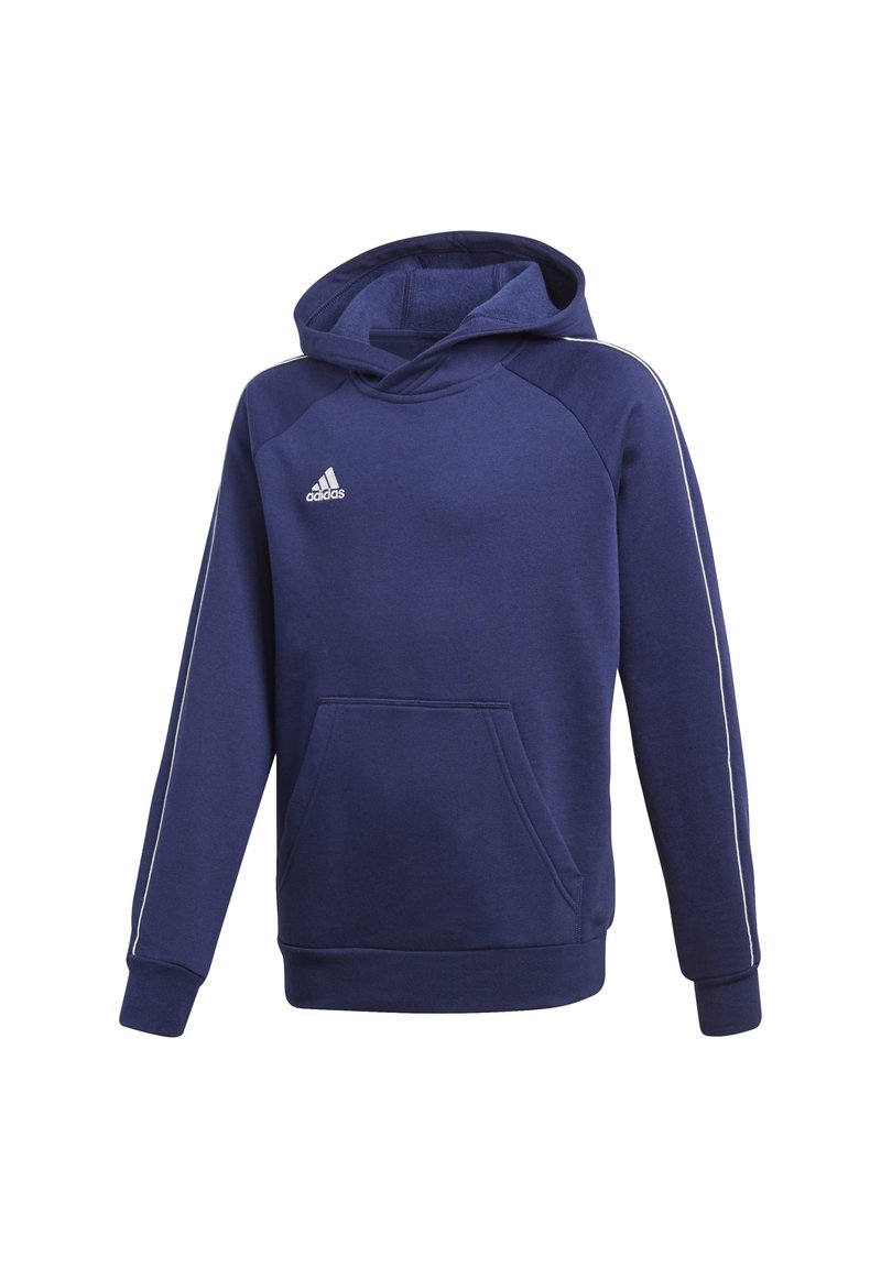 Sudadera con capucha azul marino con rayas blancas en los costados, bolsillo frontal y puños acanalados. Presenta un logo de Adidas en el pecho. Material de mezcla de algodón.