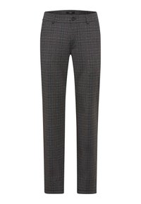 Pantaloni grigi a quadri con frontale piatto, caratterizzati da sottili linee multicolori e una vita standard. Realizzati in tessuto intrecciato.