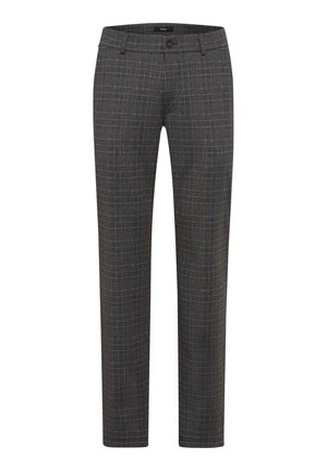 Pantaloni grigi a quadri con frontale piatto, caratterizzati da sottili linee multicolori e una vita standard. Realizzati in tessuto intrecciato.