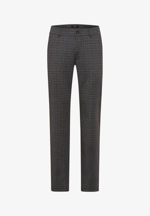 Pantaloni grigi a quadri con frontale piatto, caratterizzati da sottili linee multicolori e una vita standard. Realizzati in tessuto intrecciato.