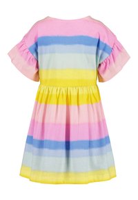 Cotton dress featuring horizontal stripes in pink, blue, and yellow. Ruffled short sleeves and a gathered waist create a flared silhouette.