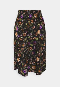 Black skirt with a floral pattern featuring orange, purple, and green flowers. Elastic waistband and flowy design give a relaxed fit.