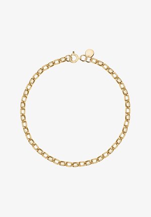 Złota metalowa bransoletka łańcuszkowa z dużymi owalnymi ogniwami. Posiada zapięcie na klamrę oraz okrągłą zawieszkę. Gładka faktura, błyszczące wykończenie i solidna konstrukcja.
