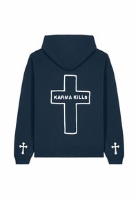 Felpa navy con una grande croce bianca e la scritta "KARMA KILLS" stampata sul retro. Presenta piccoli dettagli a croce su ciascun manica. Texture morbida.