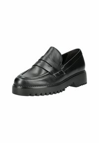 Sorte læder loafers med et to-stribes design, rund tå og en tyk, struktureret gummisål for greb og støtte.