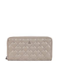 Quiltet pung i lys beige, med cirkulære og stjernesformede nitter, glat tekstur, lynlås-lukning og et logo-Accent på forsiden.