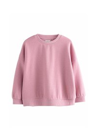 Sweatshirt rose avec un col rond, des manches longues et des poignets côtelés. Tissu doux avec une finition texturée ; coupe décontractée et épaules légèrement tombantes.